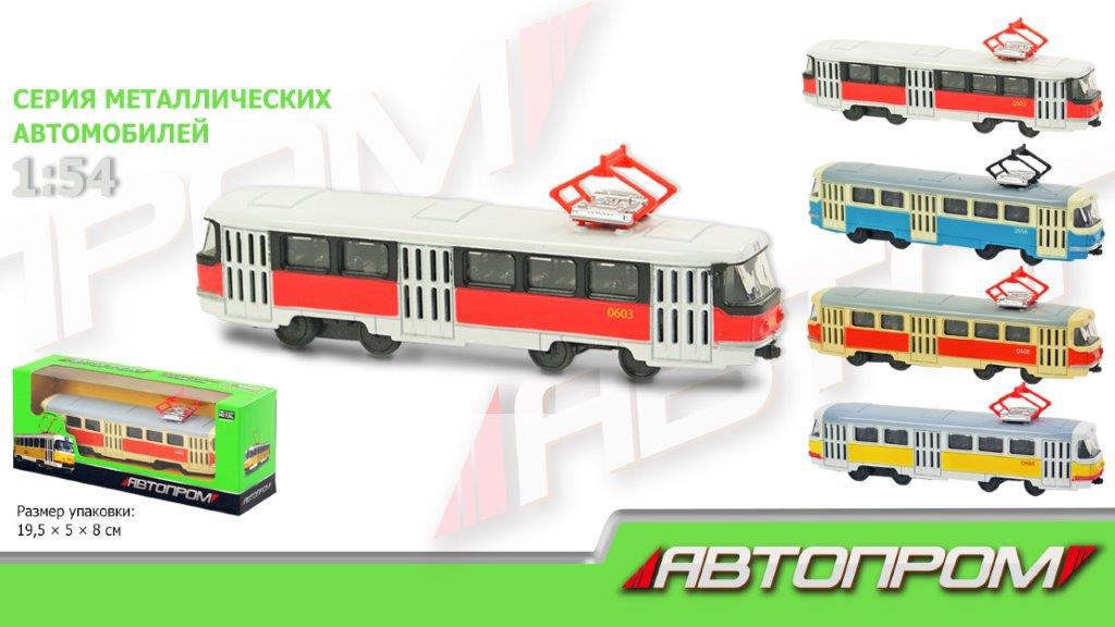Трамвай мет. АВТОПРОМ арт. 6411ABD (96шт/4) 1:54, 3 кольор., короб.  19,5* 5*8см (шт.)
