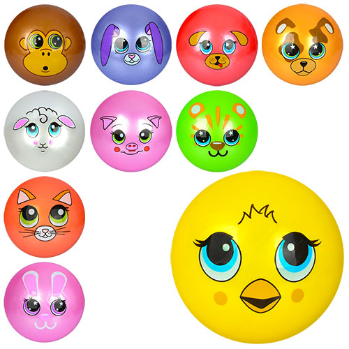 М'яч дитячий MS 0249-1 (120шт) 9 дюймів, одностикерний, ПВХ, 60-65г, 10 видів (мордочки тварин) (шт.)