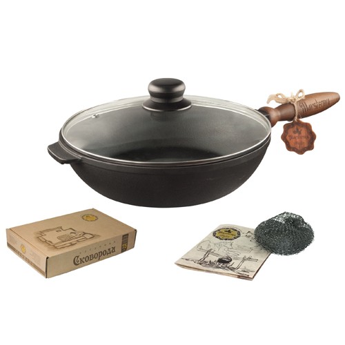 Т306С3Ук Сковорода чавунна лита 28*6см з дерев'яною ручкою зі скляною кришкою (шт.)
