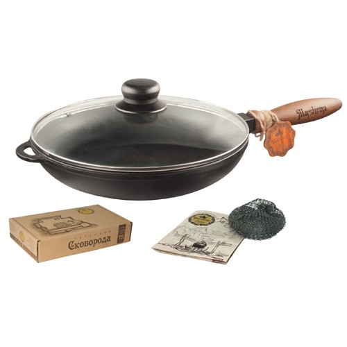 Т302С3 Сковорода чавунна 24*4см з дерев'яною ручкою зі скляною кришкою Т302С3 (шт.)