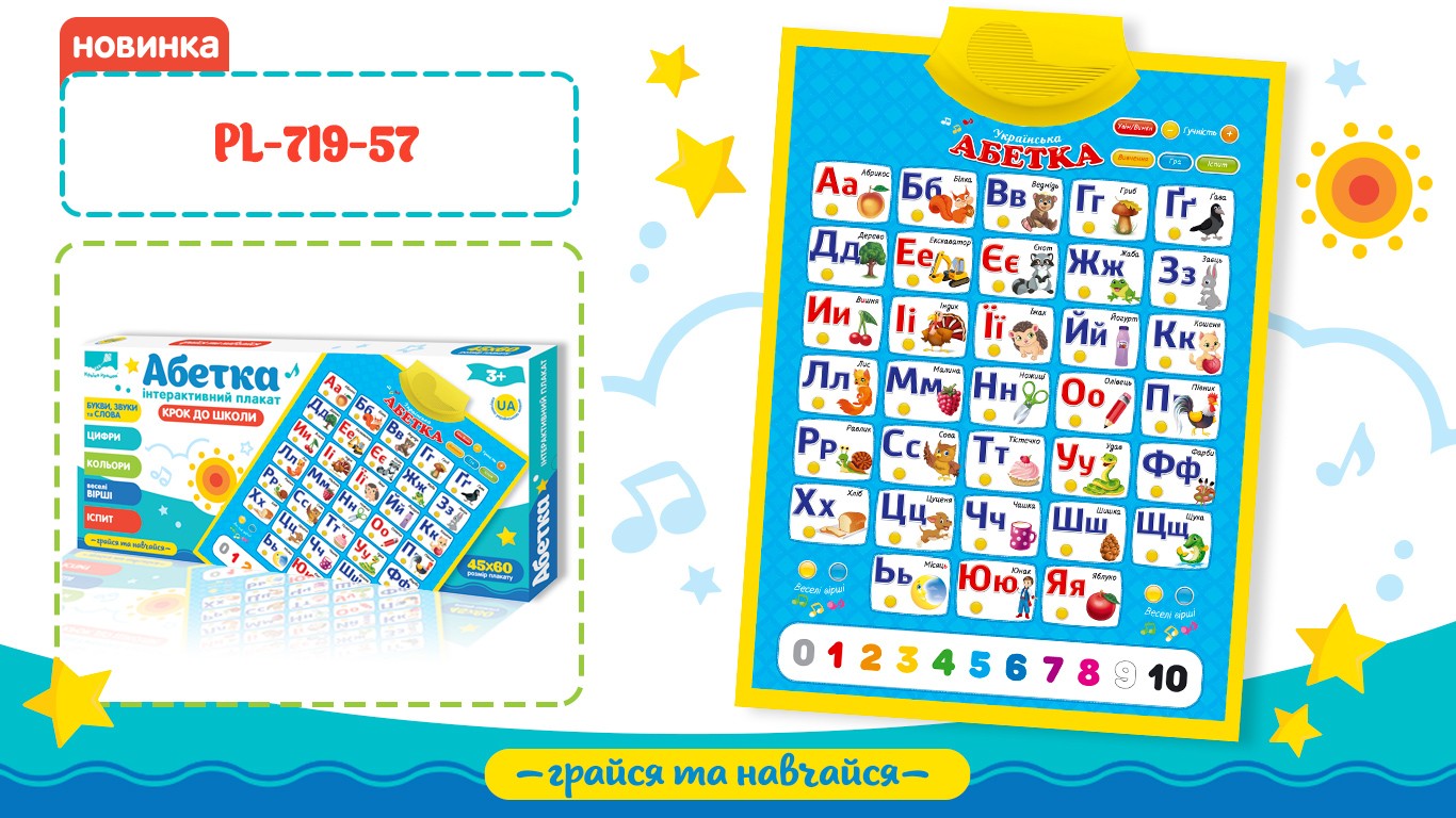 Плакат обуч. "Абетка" PL-719-57 (24шт/2) укр. плакат, батар., /плакат 45*60см/, в кор. 46,5*3*21,5 с (шт.)