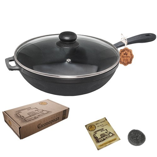 Т202С3Ук Сковорода чавунна лита 24*6см зі скляною кришкою (шт.)