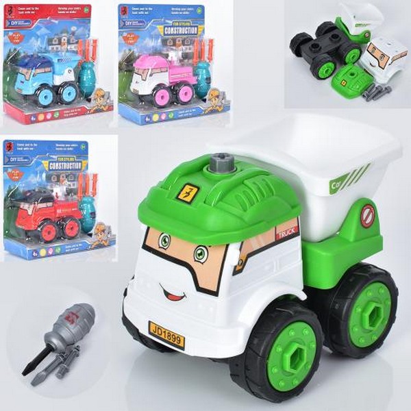 Конструктор JD1899-3A (48шт) на шурупах, машинка, 12см, викрутка, 4 види, на листі,20-20-8,5см (шт.)