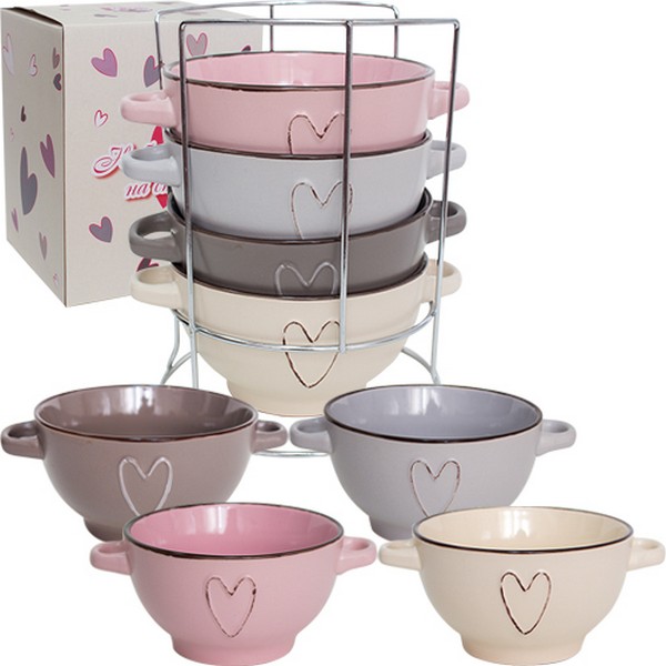 054-04-09 Набір 4 миски з ручками на стійці Hearts 680мл 054-04-09 (шт.)