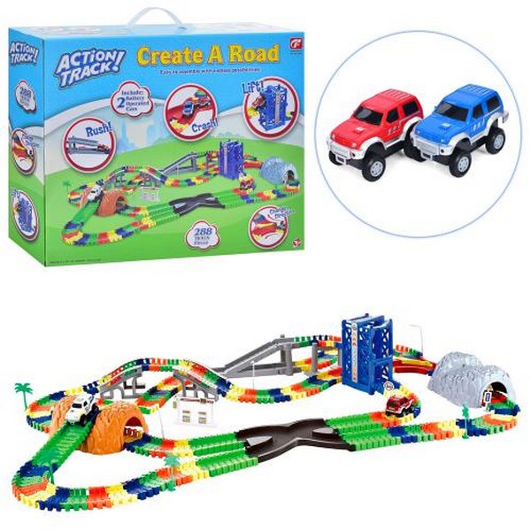 Трек CF1108 (6шт)288 предметів, машинки 2шт, мости, дерева,знаки, на бат-ці, в кор-ці, 40-50-12см (шт.)