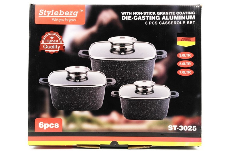 3025 ST  Набір квадратних каструль 6 предметів мармурове покриття 20/24/28 см 3025 ST (шт.)