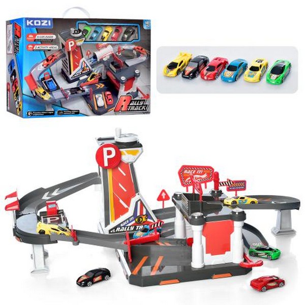 Гараж QL907 (8шт) 2поверхи, підйомник (механіч), машинки 5шт, 6,5см, дорожн.знаки, кор, 50-36-14см (шт.)