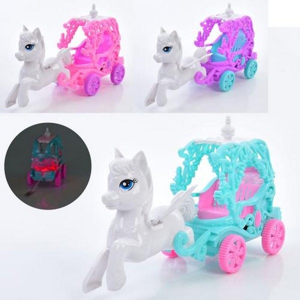 Карета 0138-61 (216шт) 16см, заводна, їздить, світло, конячка 12см, 3 кольори, бат(табл), у пакеті, (шт.)