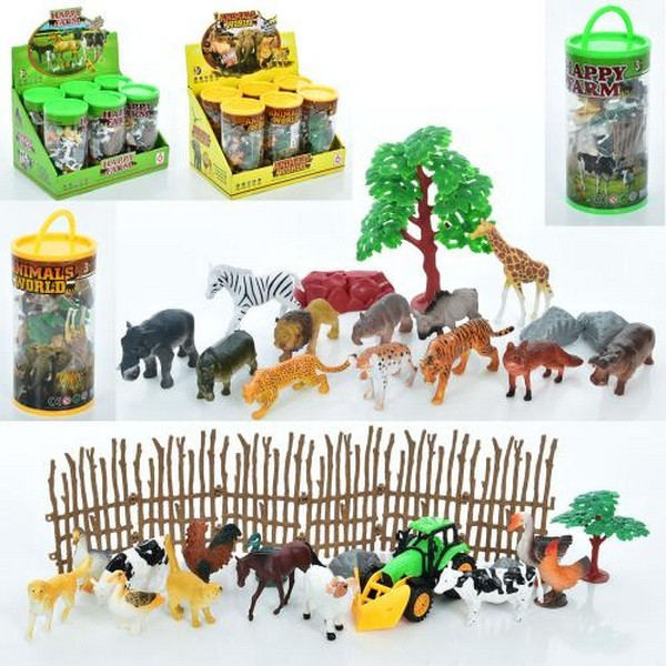 Фігурка 887-888 (36шт) набір тварин 12шт (від 5см до 9см), дерево, в колбі 19-10см, 2види (дикі / до (шт.)