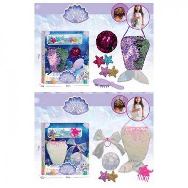 Сумочка SK084C-D (48шт) хвіст русалки, 14см, паєтки, довга ручка, аксесуари, 2 види, в кор-ці, 20-23 (шт.)