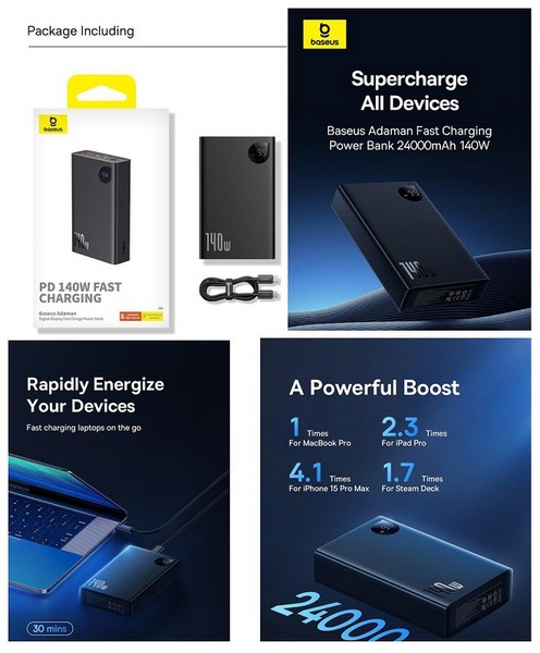 Power Bank Baseus Adaman Digital Display 140W (24000mAh) Black (P10021508113-00) (шт.)