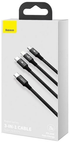 Кабель Baseus Rapid Series 3-in-1 Fast Cable Type-C to M+L+C PD 20W 1.5m  (CAMLT-SC01) (шт.)