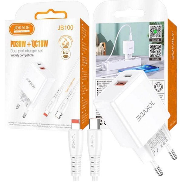 МЗП JOKADE JB100 PD30W+QC3.0 + кабель Type-C to Lightning білий (шт.)