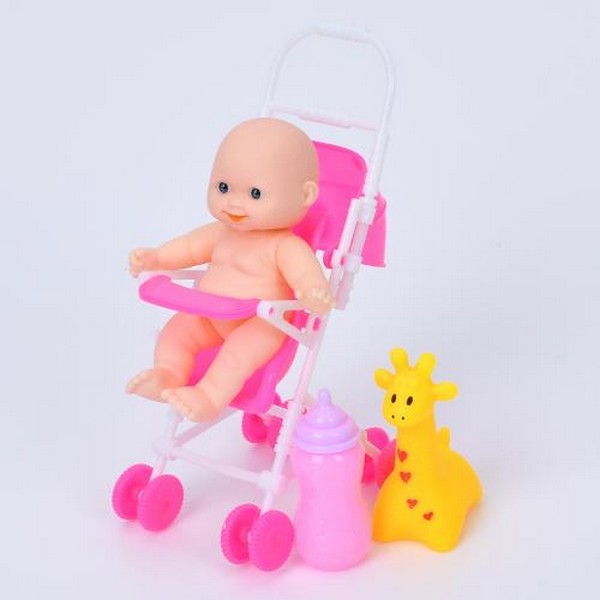 Пупс XM2429 (120шт) 11см, коляска 14см, пляшечка, жираф-пискавка, у пакеті, 14-22-7см (шт.)
