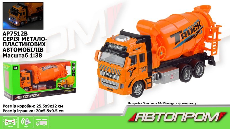 Машина мет. АВТОПРОМ арт. AP7512B (48шт/2)  1:38, бетоновоз, батар., світ., звук, короб.25,5 * 12 * (шт.)