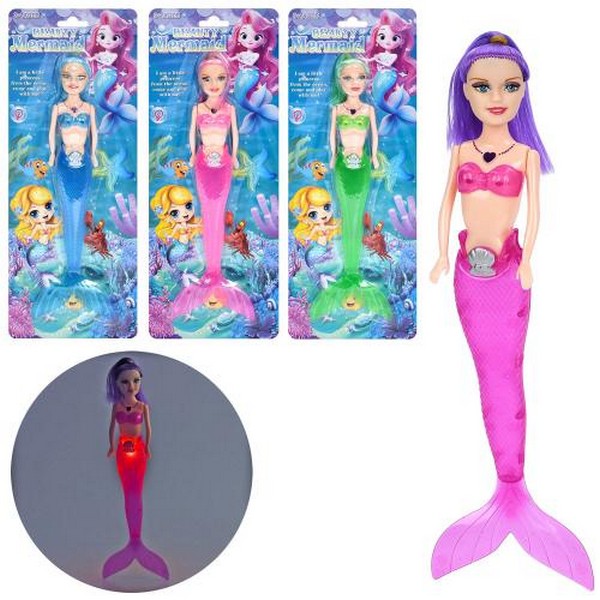 Лялька 324-68 (240шт) русалка, 27см, світло, 4 кольори, бат(табл), на листі, 14-34,5-3см (шт.)