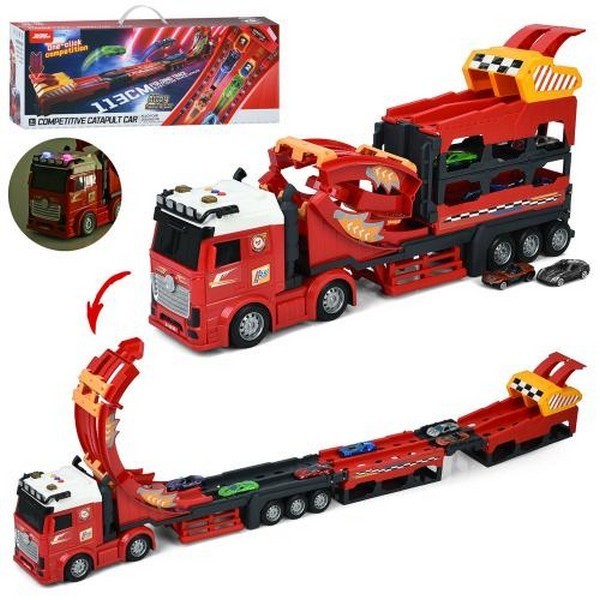 Трейлер JP588-32 (12шт) інерц, 53см/трек113см, звук, світло, гумові колеса, машинка 6шт (метал, 7см) (шт.)