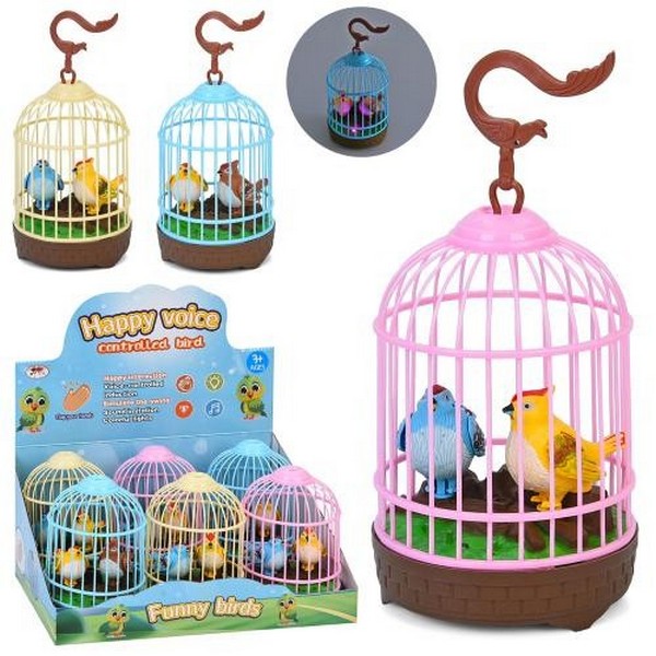 Птах 399-19 (48шт) 2шт, в клітці 16см/21см, звук, муз-звук(англ), світло, реагує на хлопок, 6шт(3кол (шт.)