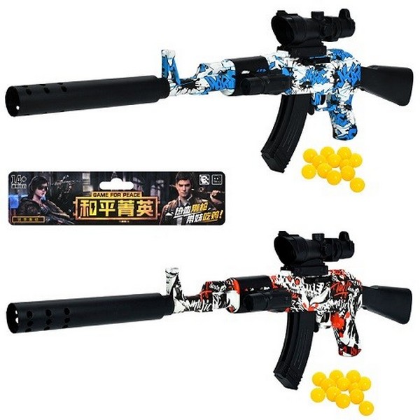 Автомат 2025-5A (24шт) 66см, пластикові кулі, прицел, лазер, 2 кольори, на бат(табл), у пакеті, 19-4 (шт)