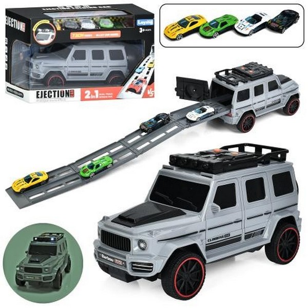 Джип 668-126 (24шт) інерц, 27см, 2в1(трек 74см), звук, світло, машинка 7см 4шт, на бат-ці, в кор-ці, (шт)