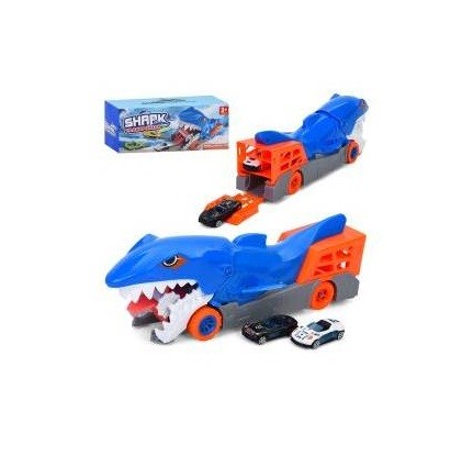 Трейлер 3303-1 (24шт) 34см, 2в1(трек), корпус акула,гумові колеса 2шт, машина (2шт, метал, 7см), в к (шт)