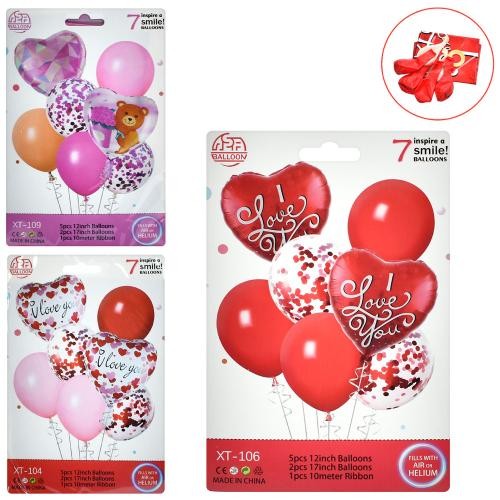 Повітряні кульки MK 5645 (120шт) I Love you, 5шт 12дюйм, 2шт 17дюйм, стрічка 10м, 3 кольори, у пакет (шт)