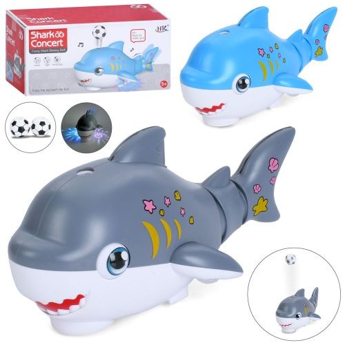 Музична іграшка 683B (30шт) акула, 25см, музика, світло, їздить, видуває повітря, м'яч 2шт(пінопласт (шт)