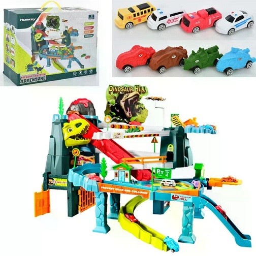 Трек 5505A (6шт) машинка 8шт,дорожні знаки,пар,динозавр-звук,світло, на бат-ці, у кор-ці, 42,5-33-17 (шт)