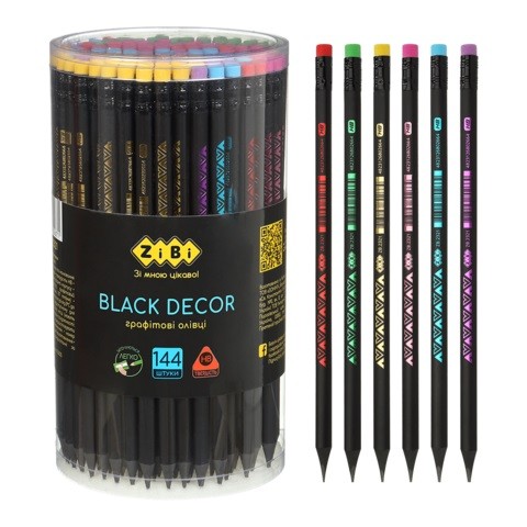 Олівець графітовий HB,  BLACK DECOR, пластиковий,триграний,з гумкою, туба - 144 шт ZB.2321 (144/576) (шт)
