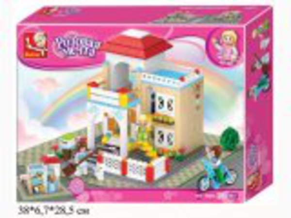 Конструктор SLUBAN M38-B0533 (16ш) загородн.дом,фигурки,кошк,велосипед,380дет,в кор-ке,38-28,5-6,5см (шт.)