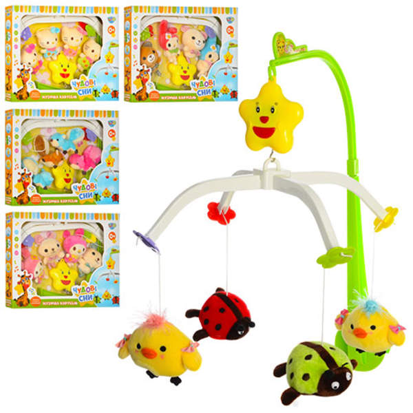 Карусель D089-90-1-2-3 (36шт) на ліжечко,заводна,муз,підвіски 4шт, плюш, 5видів,в кор-ці,40-30-5cм (шт.)