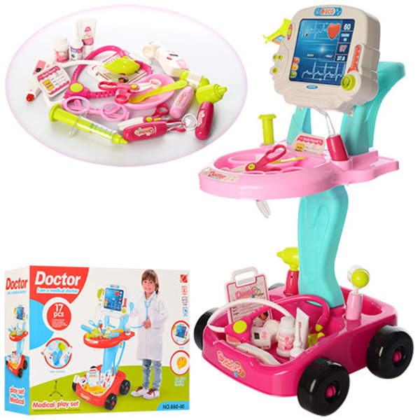 Лікар 660-45-46 (12шт) візок 41-58-32см, інструмент, звук, св, 17предм, 2 види, бат (табл), у кор, (шт.)