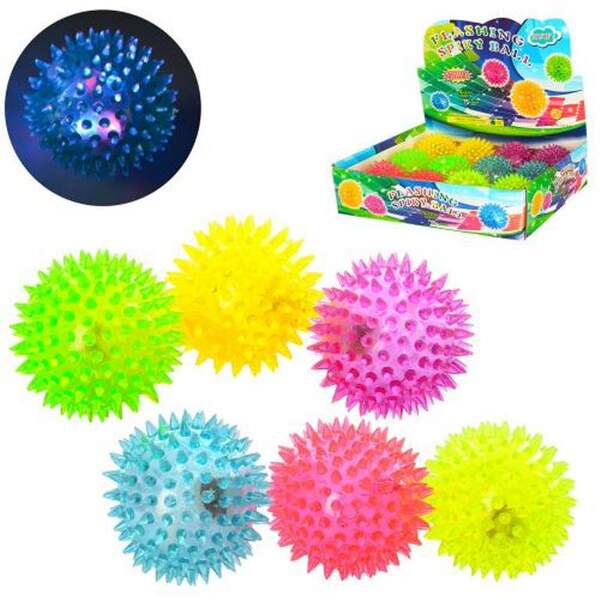 М'яч масажний MS 1137-2 (240шт) 7,5см, св, пискавка,на бат(таб),12шт(6колір,) в дисплеї,31-22,5-8см (шт.)