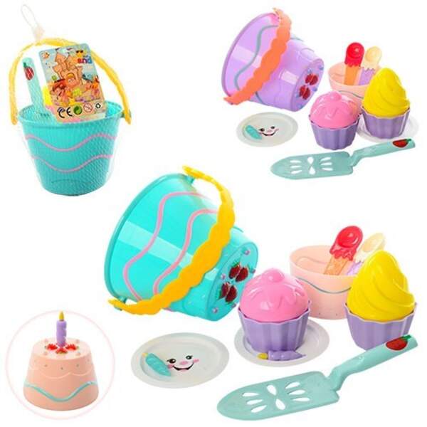 Набір для пісочниці 743 (72шт) торт, відерце 11см, формочки, посуд, 2 кольори, в сітці, 17-13-18см (шт.)