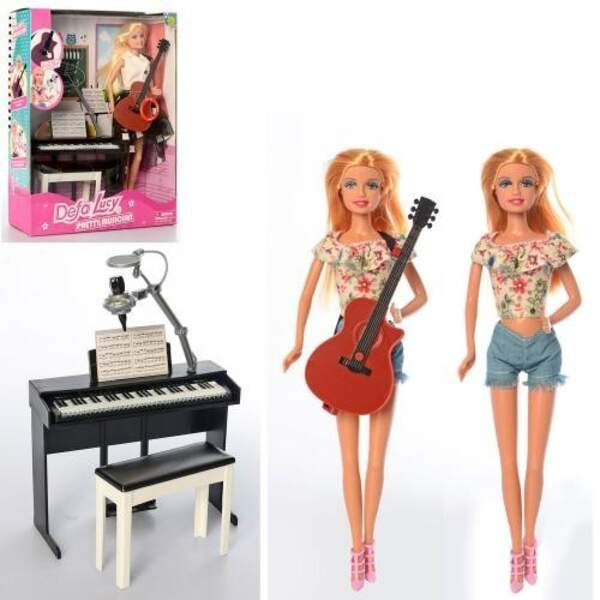 Лялька DEFA 8453-BF (24шт) 29см, піаніно16см, стілець,гітара, муз,2види, бат(таб), в кор-ці, 26-32-7 (шт.)