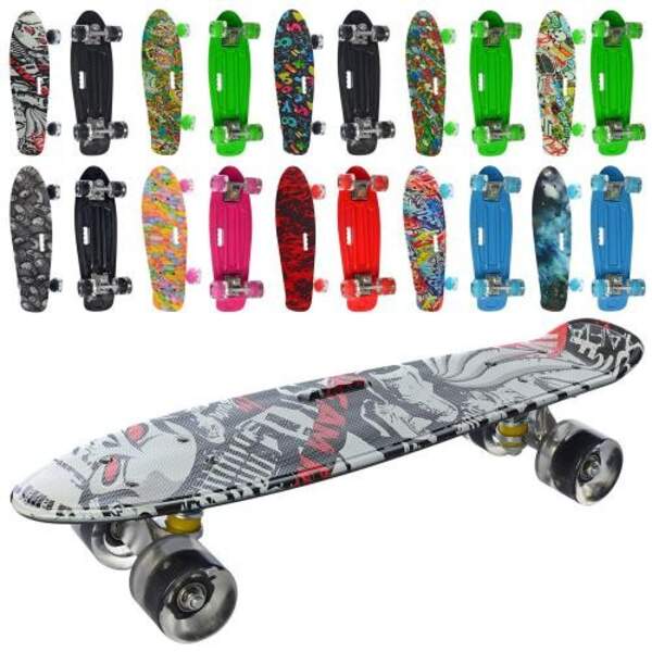 Скейт MS 0749-7 (10шт) пенні, 55-15см, алюм.підвіска, колеса ПУ, світло, антиковз, принт, 4 кольори, (шт.)