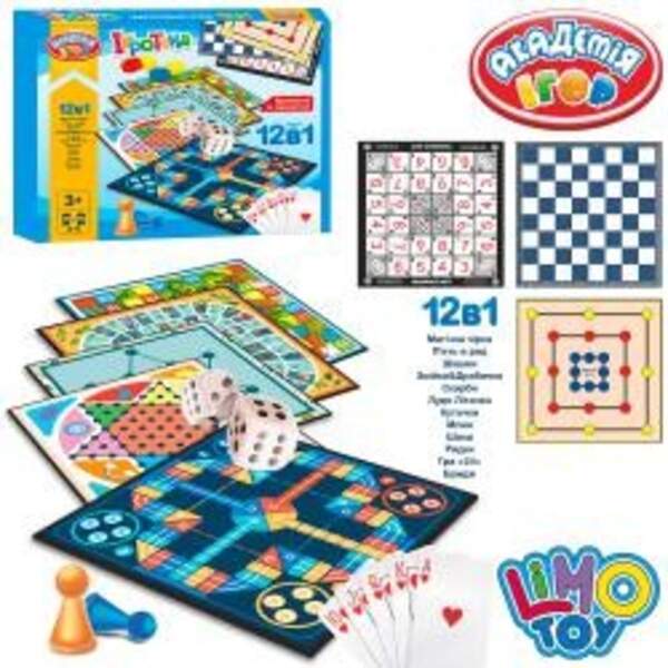 Настільна гра TG 005 (24шт) 12в1,шашки,шахи,фішки,кубик,карти,ігрове поле,у кор,38-33-5,5см (шт.)