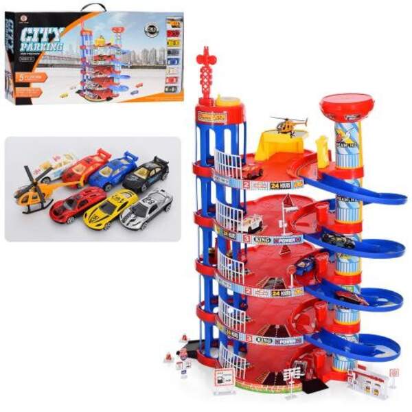 Гараж 0908-56B (8шт) 5поверхів, транспорт8шт(4-метал), дорож.знаки, рухомі деталі, кор, 73-39-11,5см (шт.)