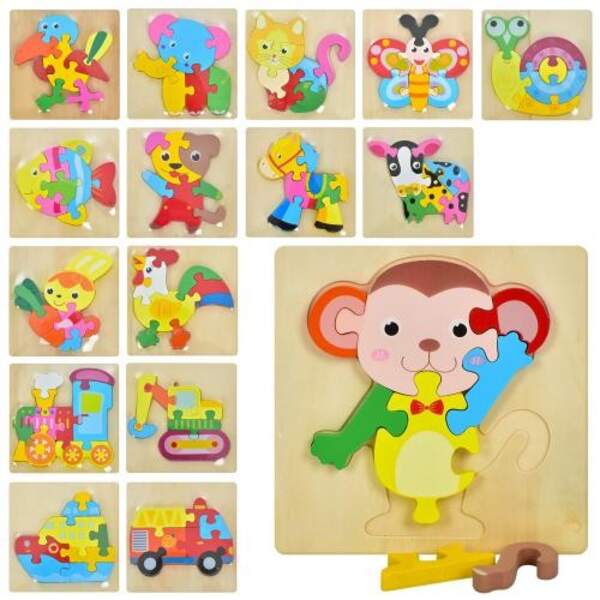 Дерев'яна іграшка Пазли MD 1773 (100шт) 16 видів (транспорт, тварини), у кульку, 15-15-1см (шт.)