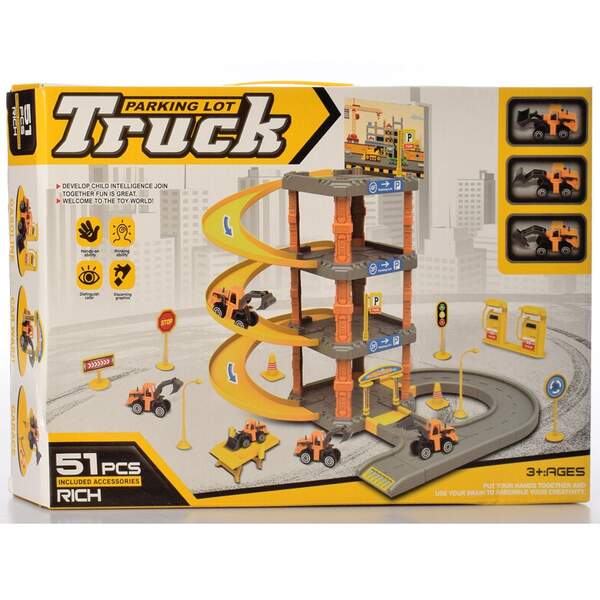 Гараж P3082 (36шт) 4 поверхи, будтехніка 3шт 7см, дорожні знаки, 51дет, в коробці, 40-27,5-5,5см (шт.)