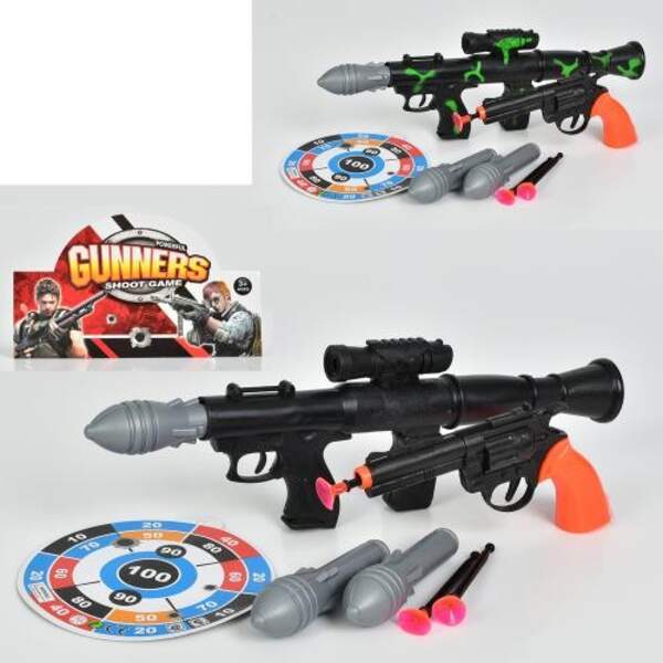 Набір зі зброєю 223-3-6 (96шт) гранатом28см,револь17см,присоски3шт,гран3шт,мішень,2кол,в кульку,17-4 (шт.)