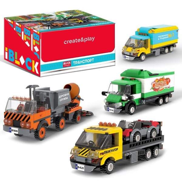 Конструктор PL-921-440 (6уп по 8шт) IBLOCK ТРАНСПОРТ, 4 види у дісплей боксі 215-227дет, ціна за діс (шт.)