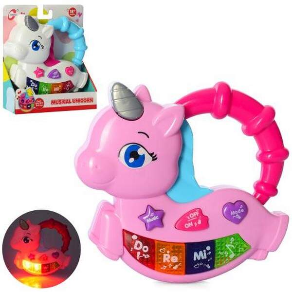 Піаніно 1038 (36шт) єдиноріг, муз, звук, світло, 2 кольори, на бат-ці, в кор-ці, 16,5-18,5-4,5см (шт.)