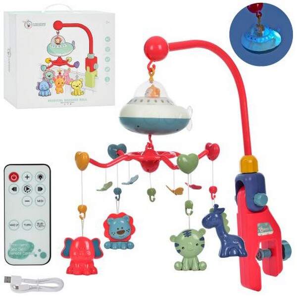 Карусель R5206A (6шт) на ліжечко, д/к (ІЧ),bluetooth,підвіски-тварини, муз, світло, в кор-ці, 34-32- (шт.)