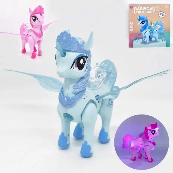 Музична іграшка HJ708 (24шт) єдиноріг 24см, ходить, рухає крилами, музика, світло, 2кольри, на бат-ц (шт.)