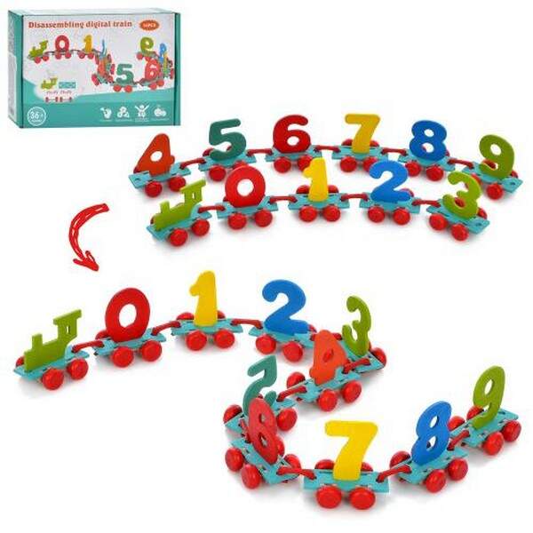 Дерев'яна іграшка Паровозик MD 1940 (50шт) 10вагонів, цифри, в кор-ці, 20-13,5-3,5см (шт.)