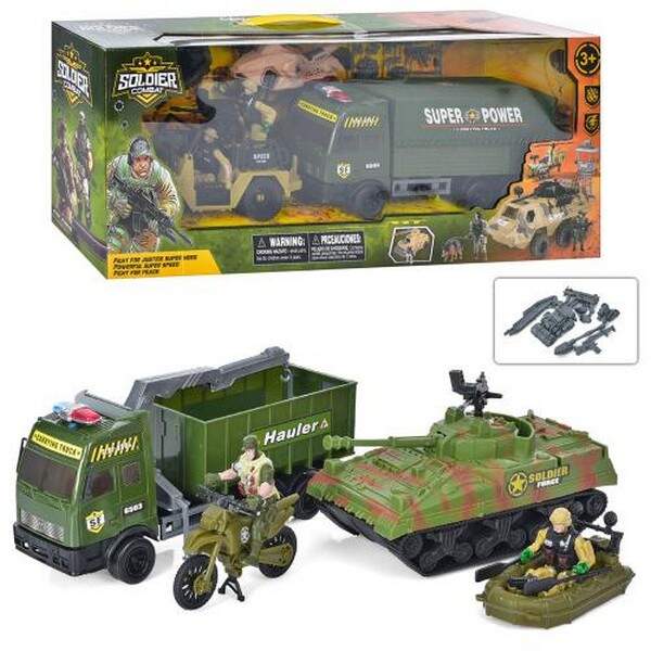 Набір з транспортом ABC11-122-123 (12шт) військова техніка, солдат, зброя, 2види, в кор-ці, 57,5-23- (шт.)