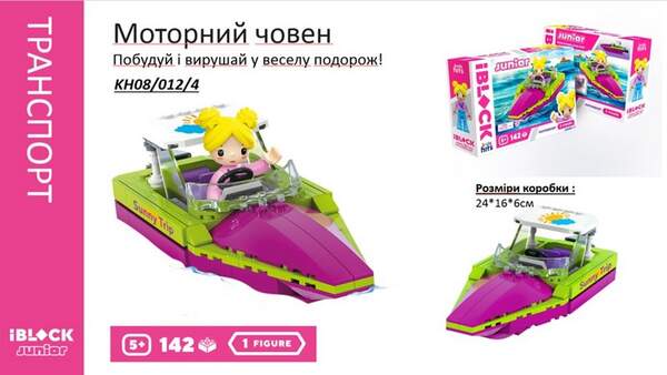 Конструктор Kids hits IBLOCK JUNIOR  KH08/012/04 (36шт/2)  Дівчатка, Моторний човен,142 дет,компл. ф (шт.)