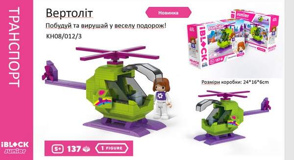 Конструктор Kids hits IBLOCK JUNIOR  KH08/012/03 (36шт/2)  Дівчатка, Вертоліт 137 дет,компл. фігур, (шт.)