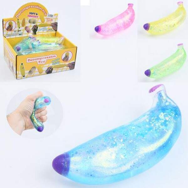 Іграшка MS 4034 (144шт) антистрес, банан, 12см, глітер, тягнеться, 4кольори, в пакеті, 12шт в диспле (шт.)